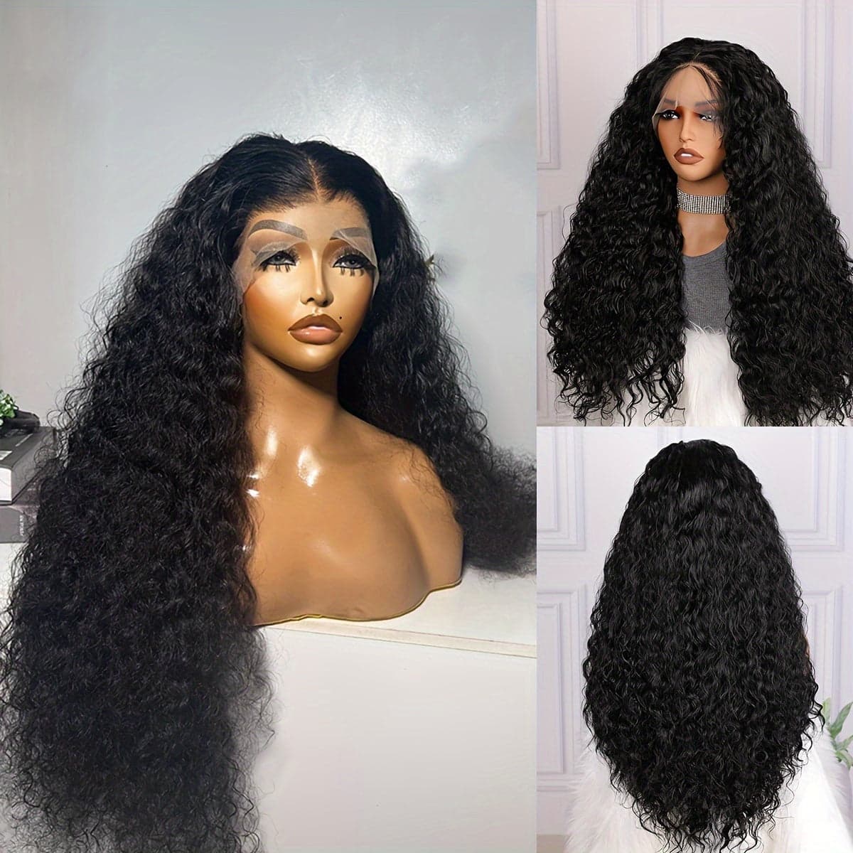 Black Long Curly Wig Synthetic Lace Wig - Black / 22inch
