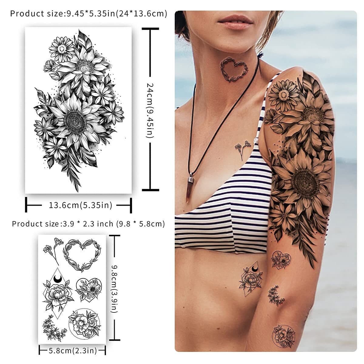 Temporary Tattoo Beautiful Art Vintage Party Body Women Design Fake Flash Colorful Flowers Rose Arm Sleeve Boho Floral Watercolor Large