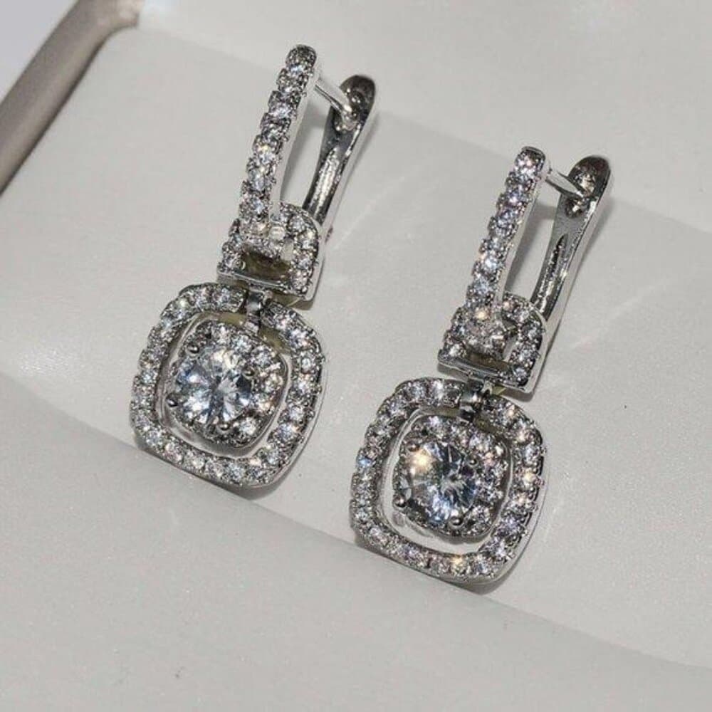 NEW Silver Halo Diamond Drop Huggie Hoop Earrings