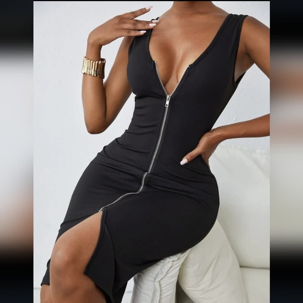 Black Solid Zipper Red Bodycon Dress