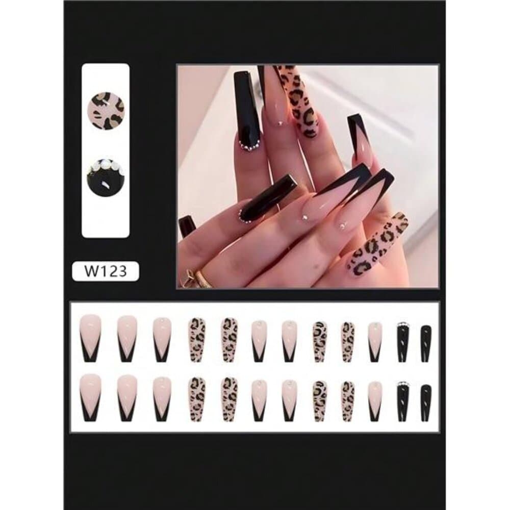 24Pcs French Long Ballet Design Rhinestone Studded Leopard Print False Nails,