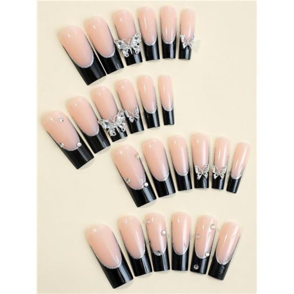 24pcs Y2K Style Pink Rectangle Press-On Nails, Black French Tip, Butterfly &