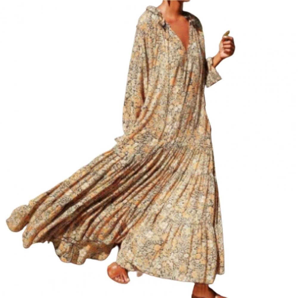 Long Sleeve Comfortable Bohemia Floral Print Ruffle Dress
