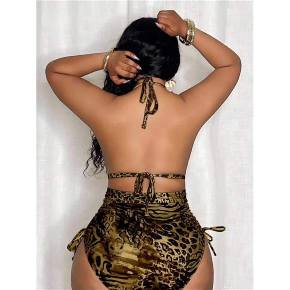 Slaydiva Plus Size Women's Random Leopard Print Triangle Top & Tie Side Bottoms