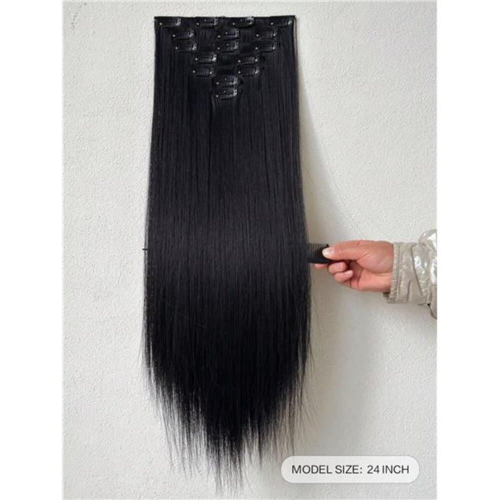 16 Clips 22 Inch 7pcs Black Straight Synthetic Hair Extensions For Women