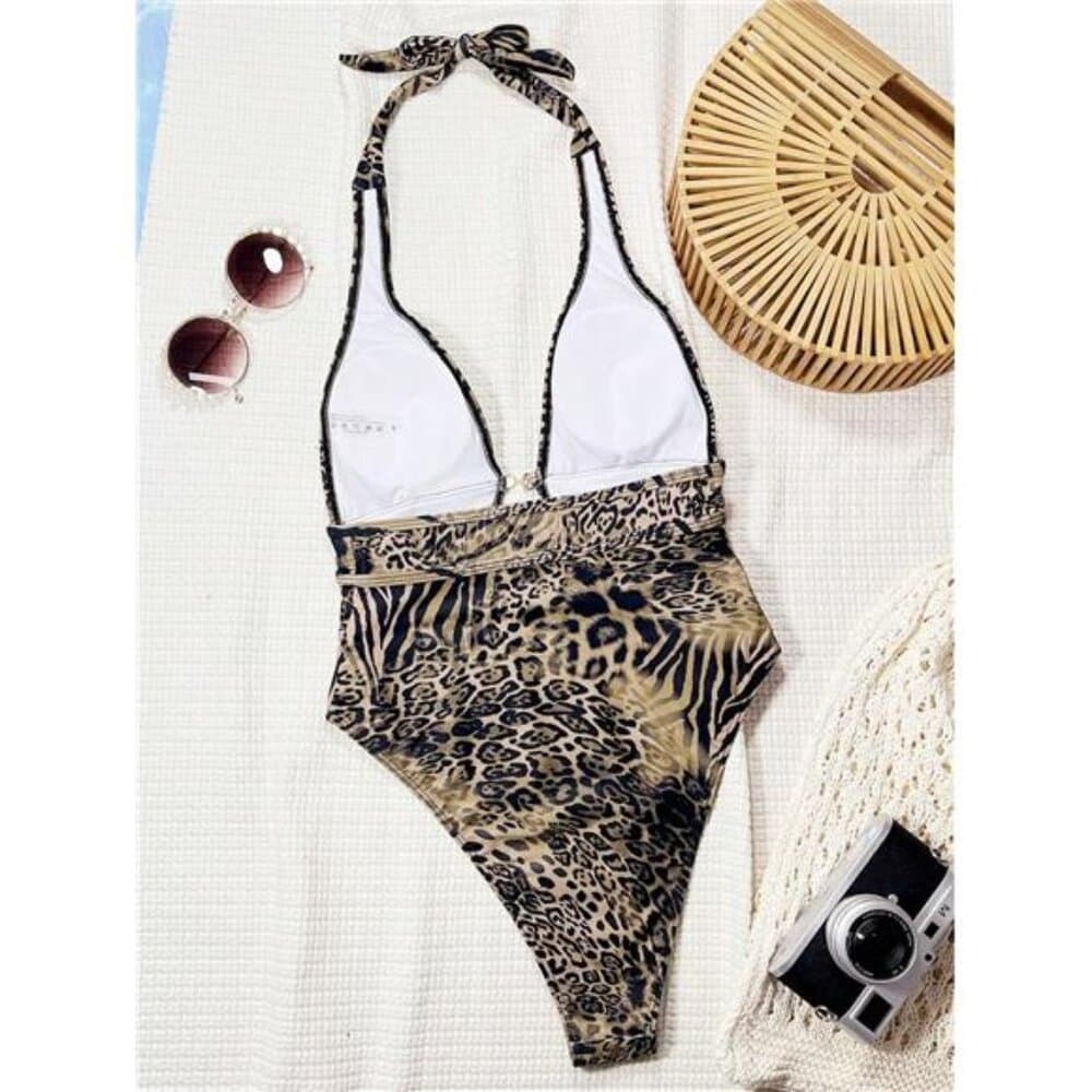 Swim Chiccia Leopard Print Plunge Neck Sexy Backless Swimsuit, Festival Boho