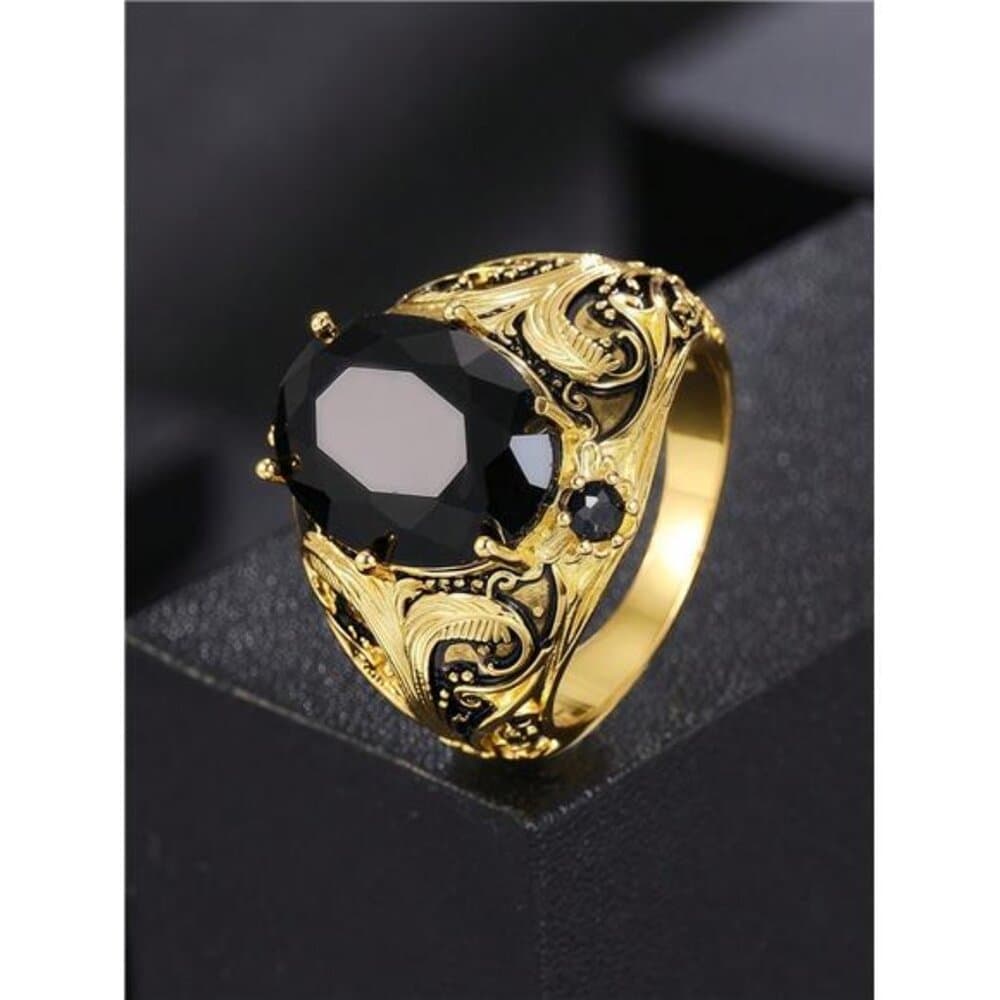 Vintage Men's Copper Ring With Black Oval Artificial Diamond Insert,
