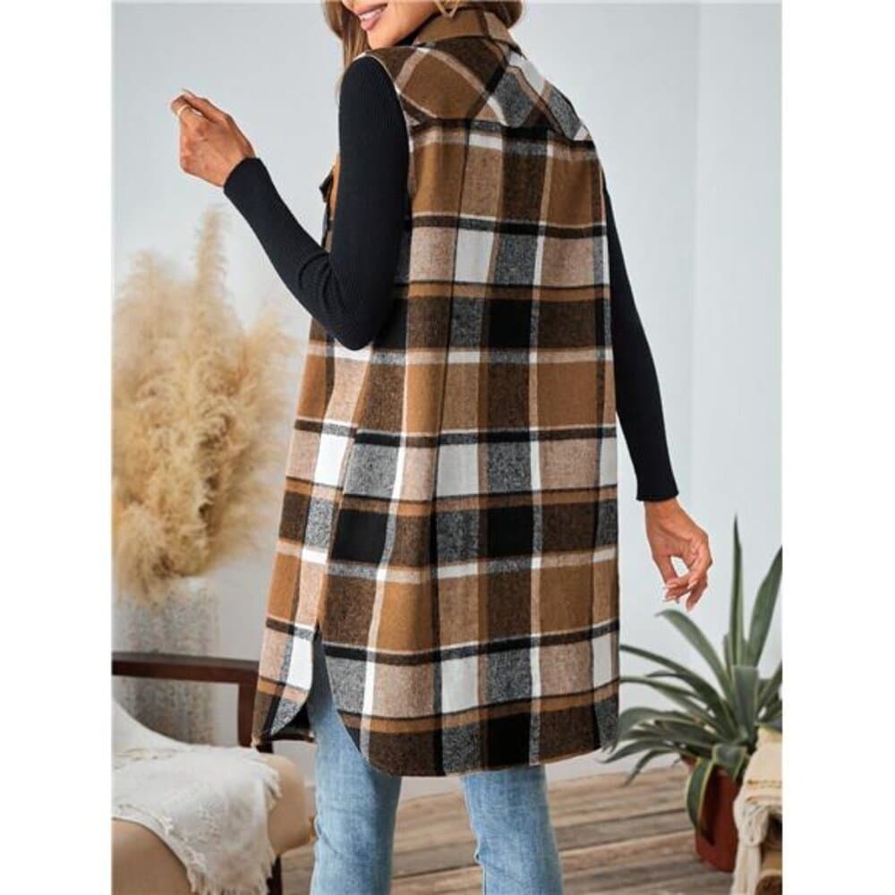 Plaid Pocket Sleeveless Casual Women Vest Jacket