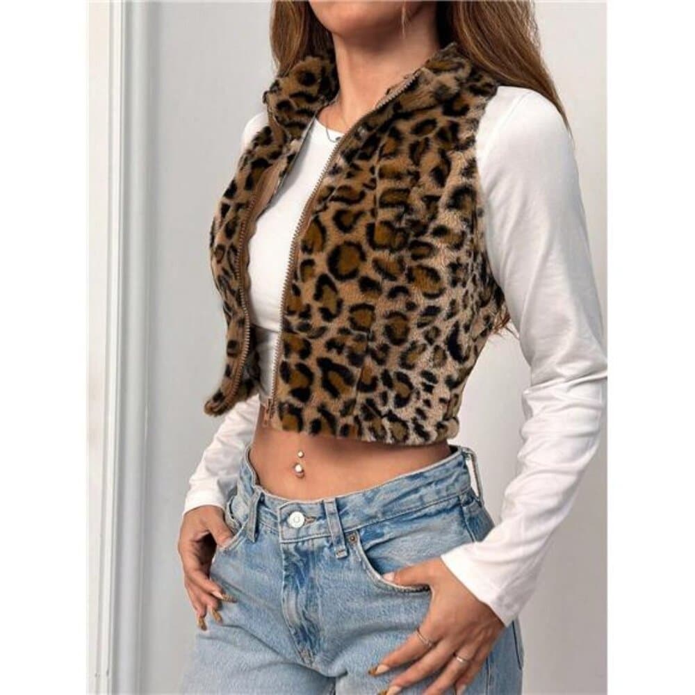 Women's Leopard Print Fleece Zip-Up Sleeveless Jacket, Autumn/Winter