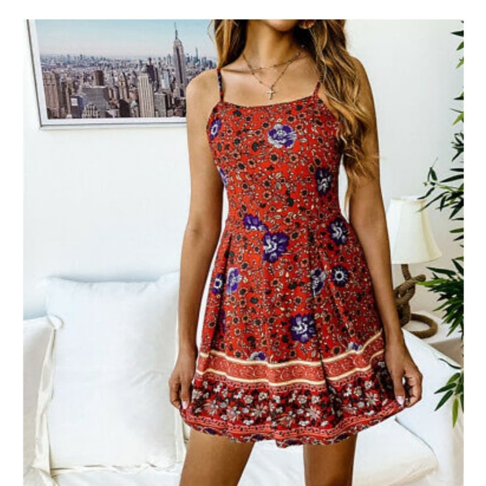 Red Summer Boho Short Mini Dress