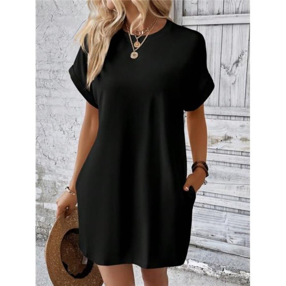 Black Solid Batwing Sleeve Hidden Pocket Tee Dress