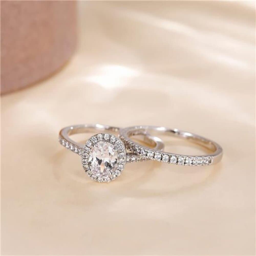 1.5CT 925 Sterling Silver Cubic Zirconia Bridal Rings Sets Oval Cut CZ