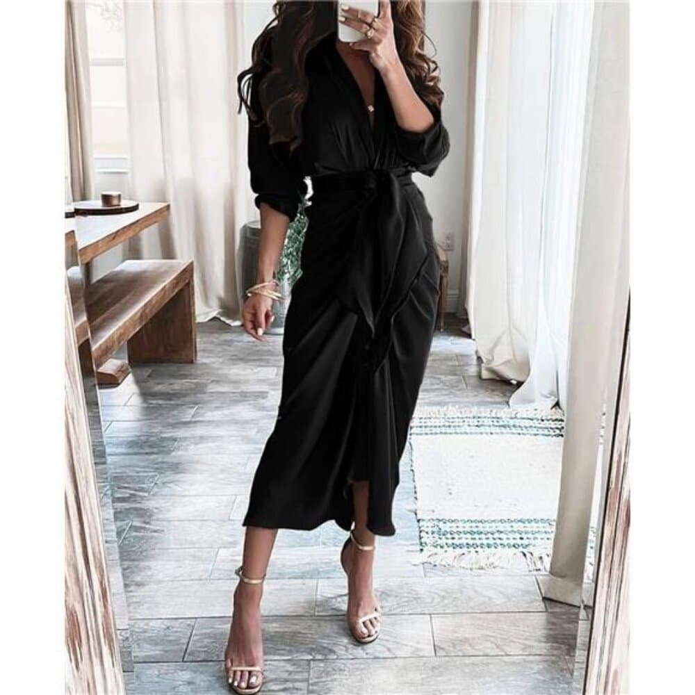 Black Long Sleeve Lapel Neck Button Down