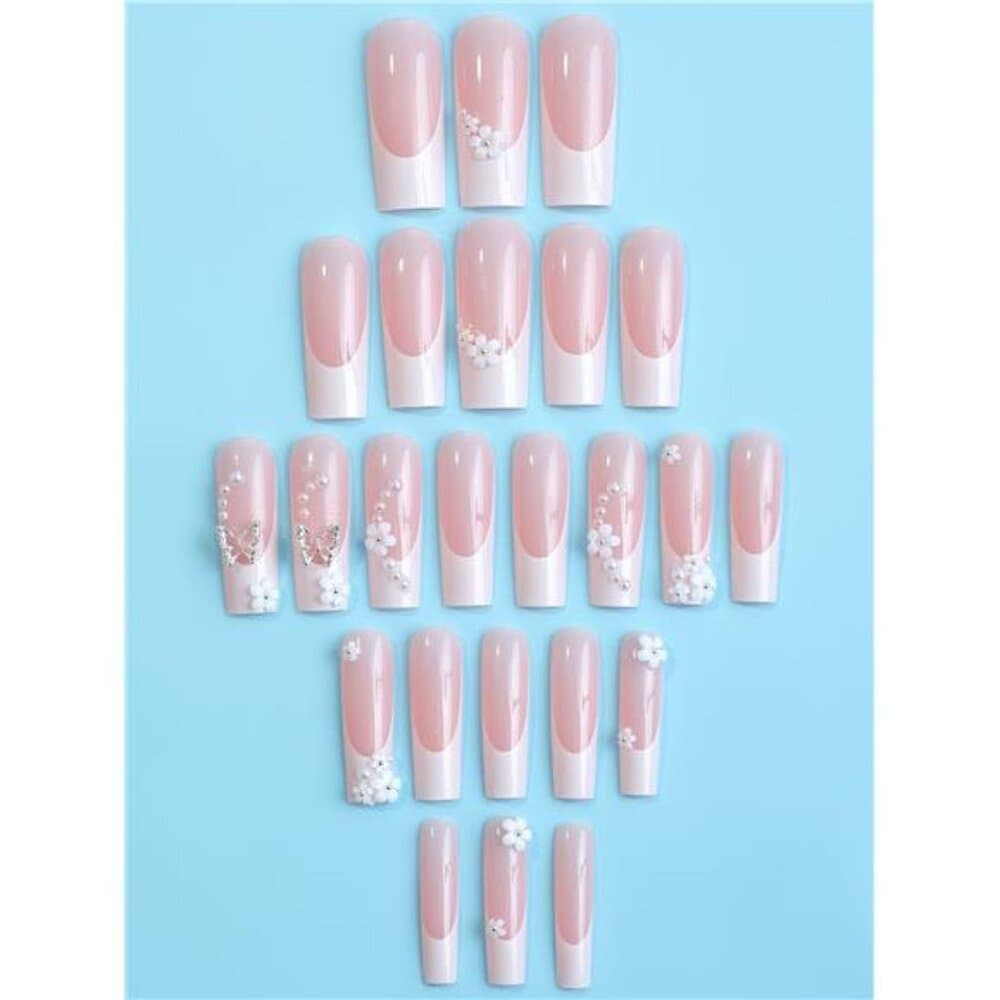 24pcs Pink Rectangular Press-On Nails, French Style With Faux Pearl, Camellia