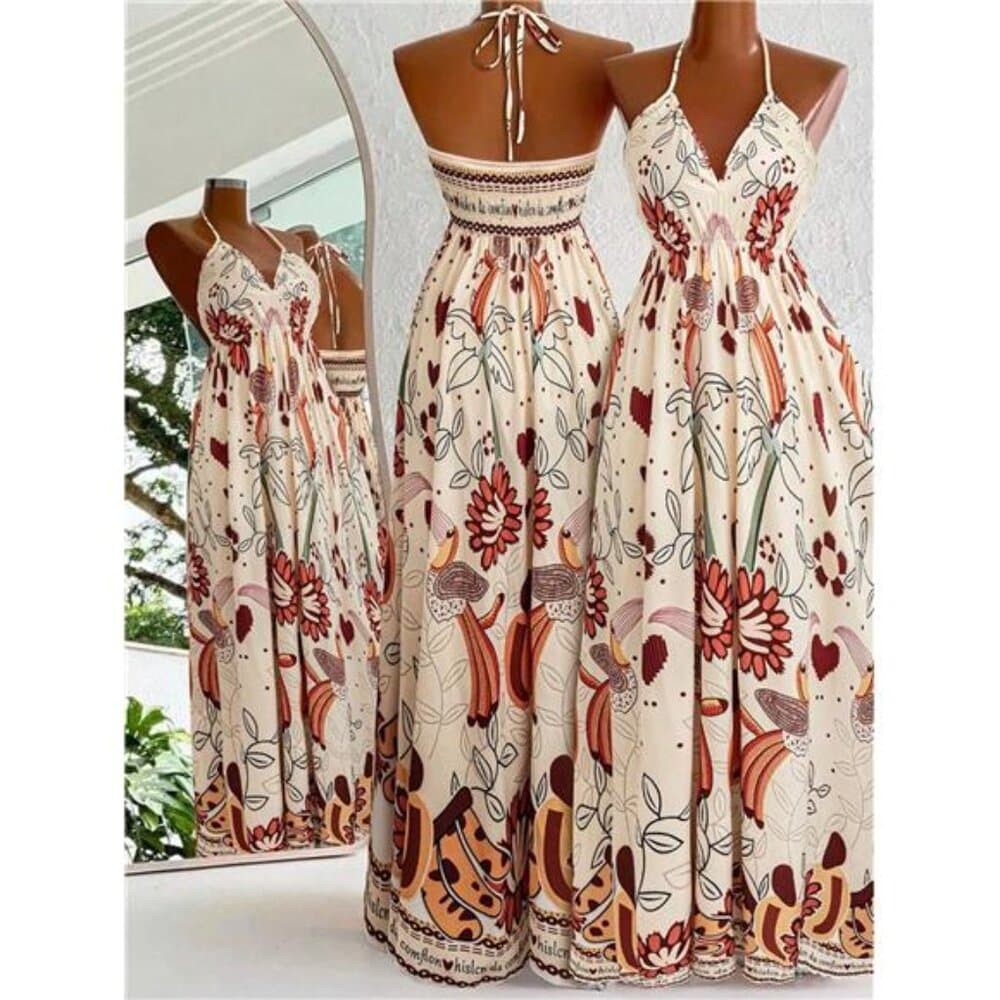 Resort Floral Print Backless Drawstring Dress