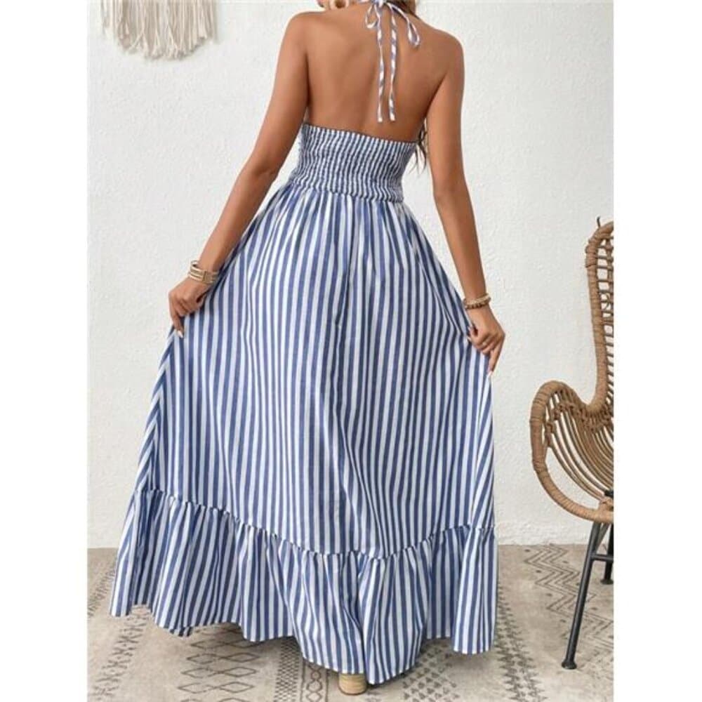 Vacation Striped Print Cut Out Ruffle Hem One Piece Summer Beach Halter Dress