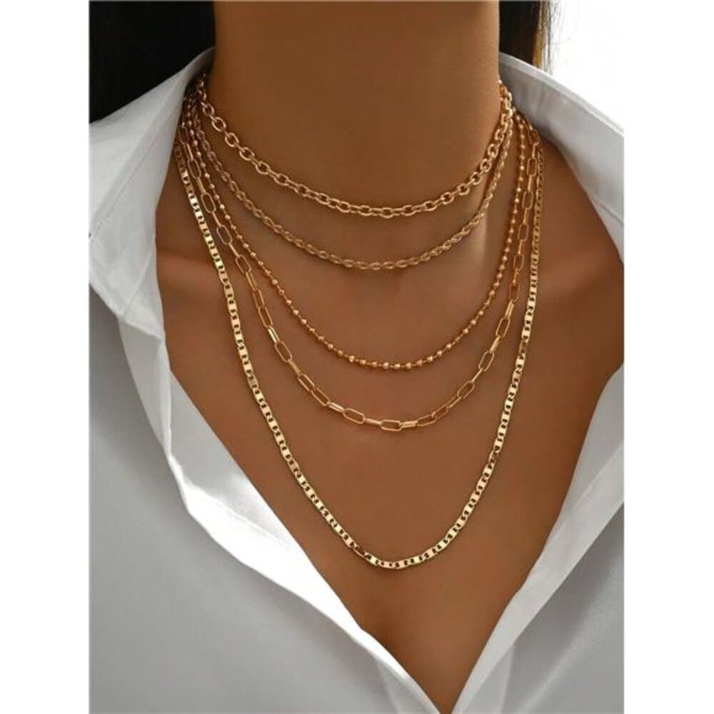 5pcs/Set Simple Braided Bead Chain Necklaces, Gold Tone, Layered Pendant