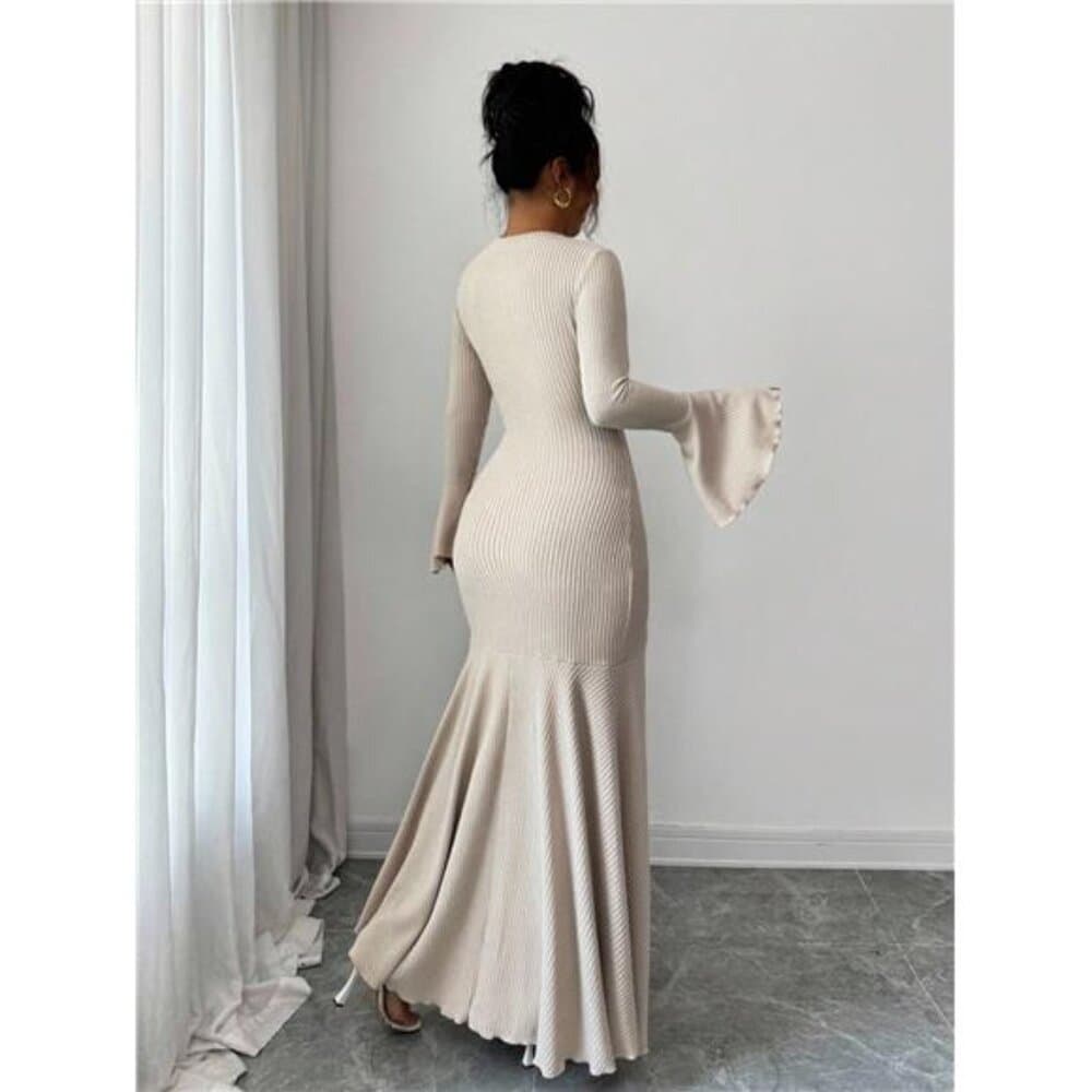 Women's Elegant Stretchy Fitted Mermaid Hem Ruffle Sleeve Dress