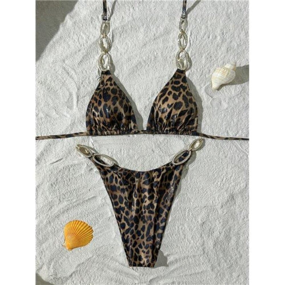 Swim SXY 2pcs Women's Sexy Leopard Print Random Pattern Halter Tie Bikini Set