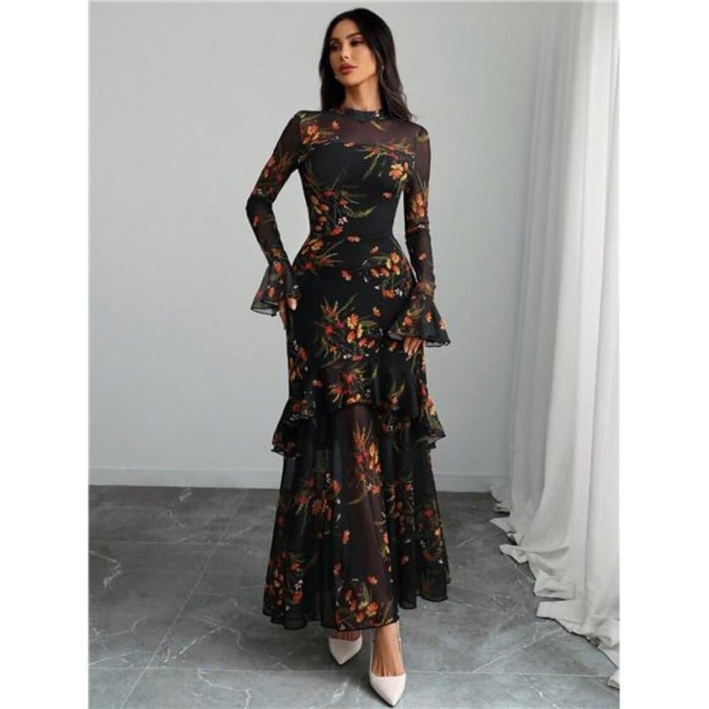 Gothic Elegant Sexy Mesh Splicing Colorful Print Retro Petal Sleeves