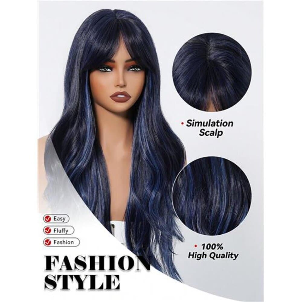 Black Mix Blue Long Natural Curly Wig with bangs