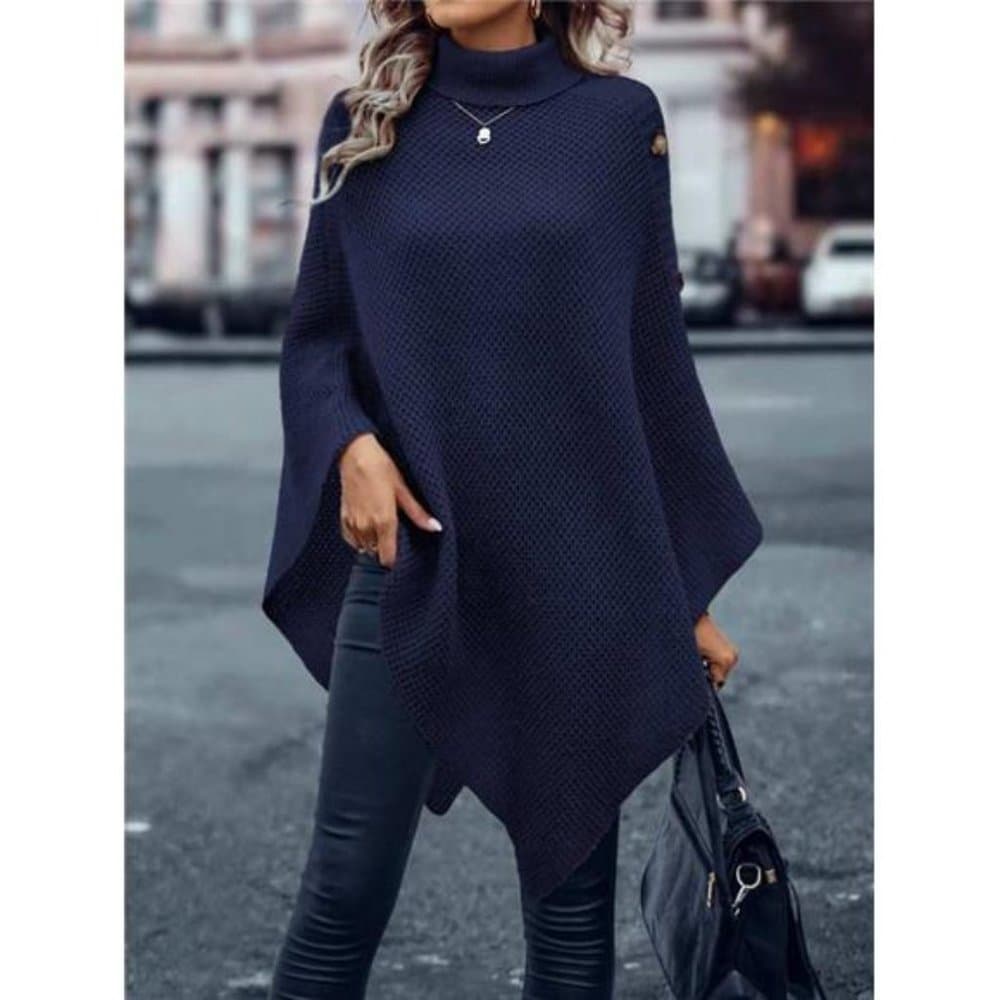 Turtleneck Batwing Sleeve Button Detail Asymmetrical Hem Knit Poncho