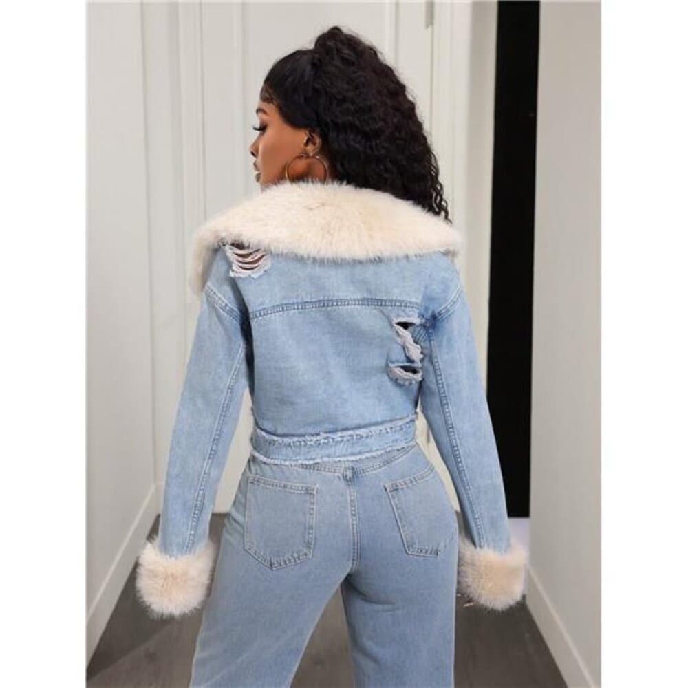 BamGleam Women's Denim Jacket With Detachable Faux Fur Patchwork, Vintage