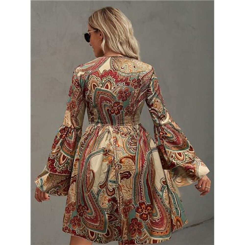 Paisley Print Flare Sleeve Dress