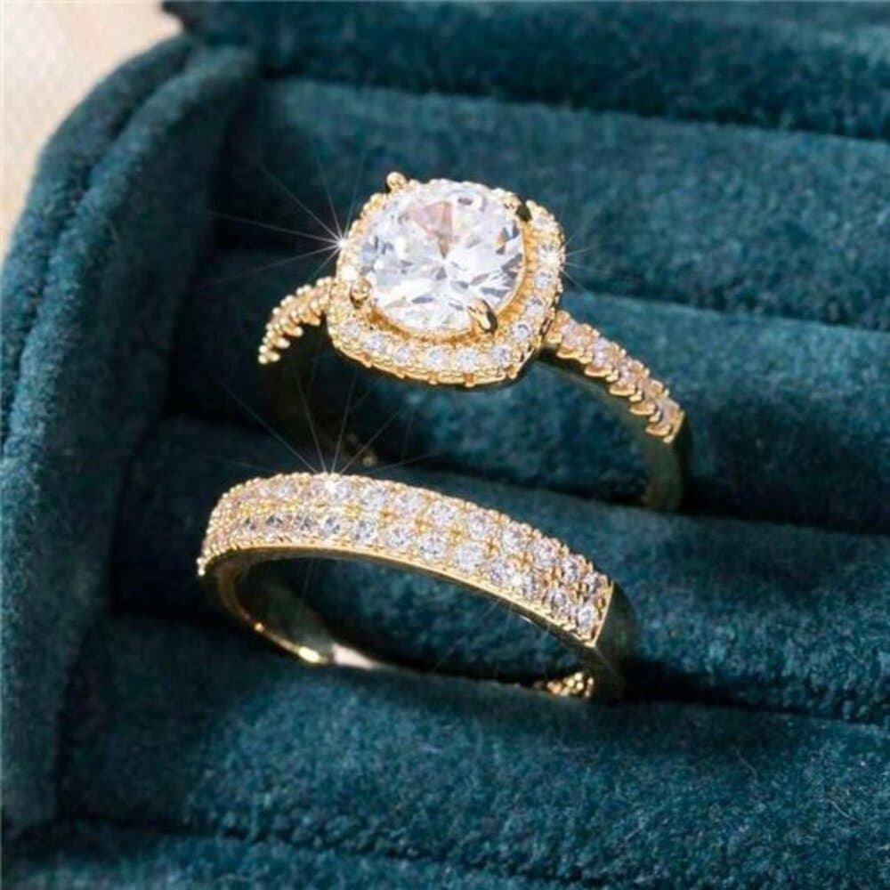 2pcs/Set Women's Luxury Shiny Gold Alloy Zirconia Decorated Engagement Ring