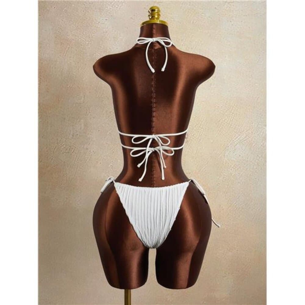 2 Pieces Wavy Striped Shell Tape Splice Tie Neck Bikini Set,