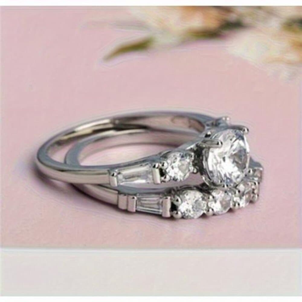 Women's Engagement Wedding Ring Two-Piece Set, 4.4 Gram Silvery Inlaid