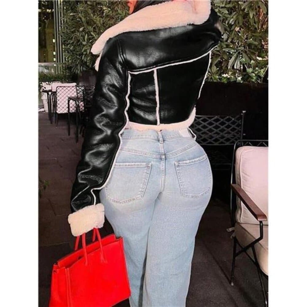 Street Lapel Zip Up Rollable Cuff Teddy Lined PU Leather Crop Moto Jacket Coat