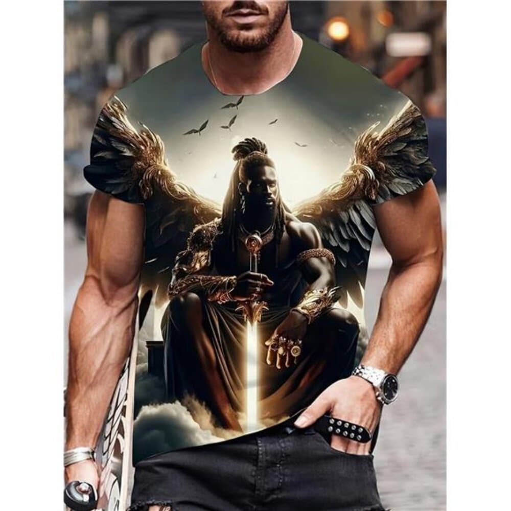 Men'S Gothic Cyberpunk Pattern T-Shirt with 3D Battle Wings and Swordsman Print