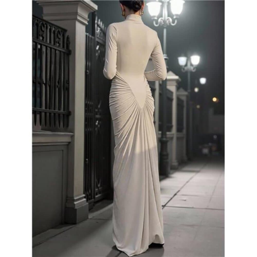 INAWLY Women's Elegant Ruched Collar Solid Color Fitted Dress, Autumn