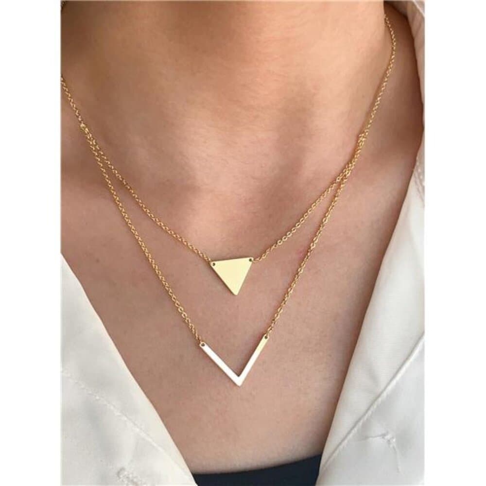 Minimalistic Elegant Geometric Triangle V Pendant Necklace,