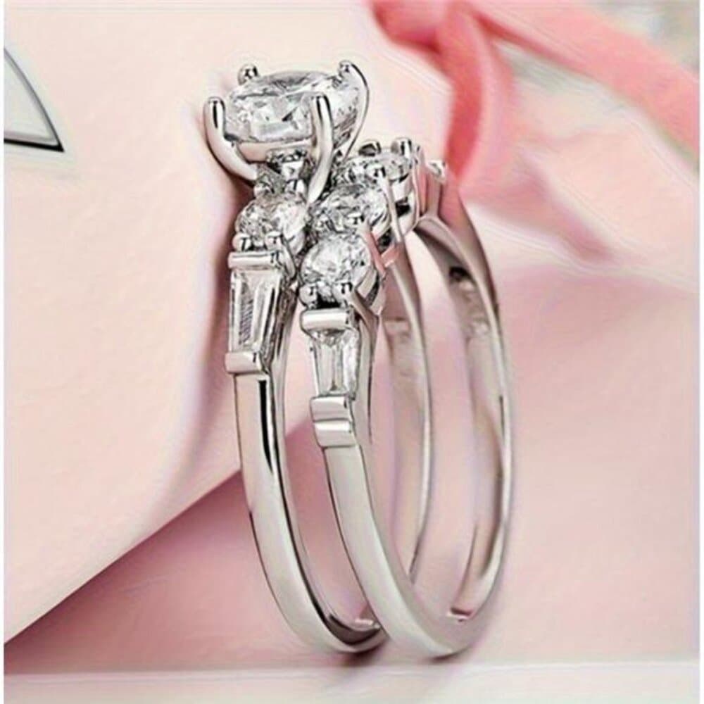Women's Engagement Wedding Ring Two-Piece Set, 4.4 Gram Silvery Inlaid with