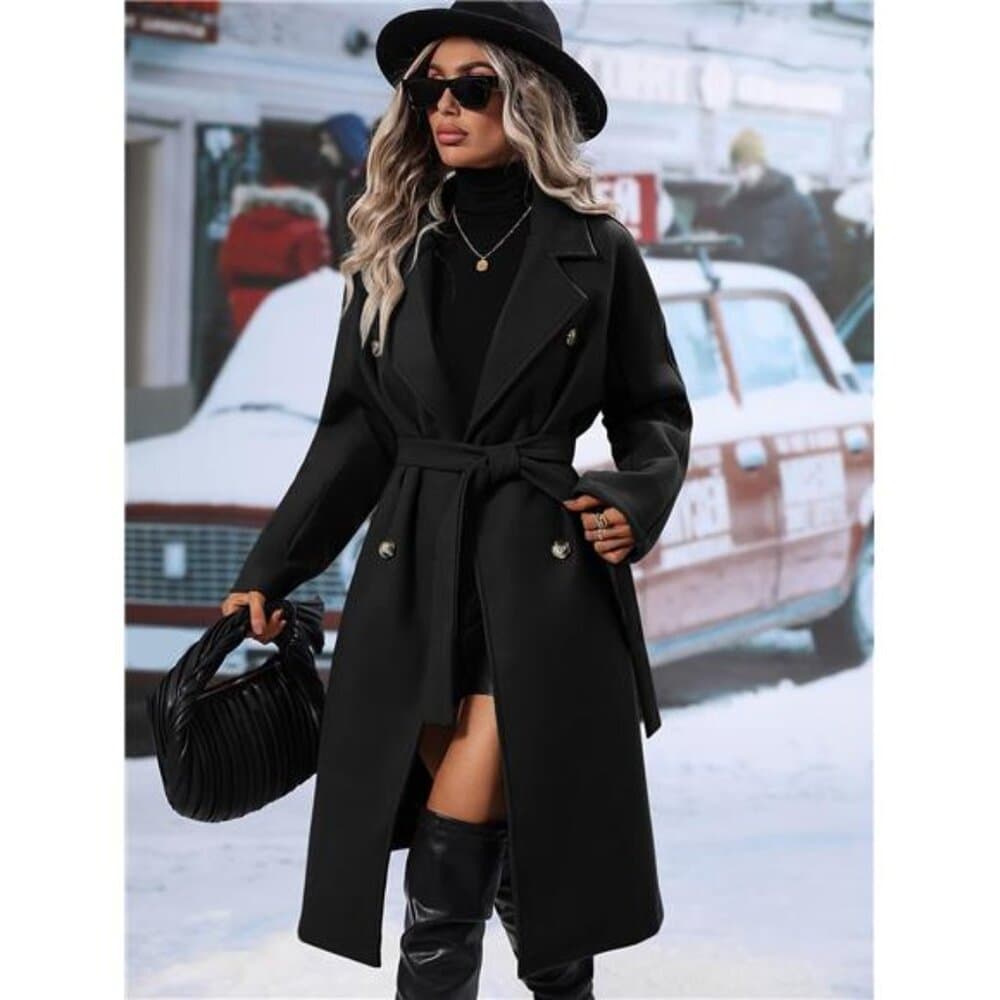 Relaxiva Lapel Neck Double Breasted Belted Overcoat