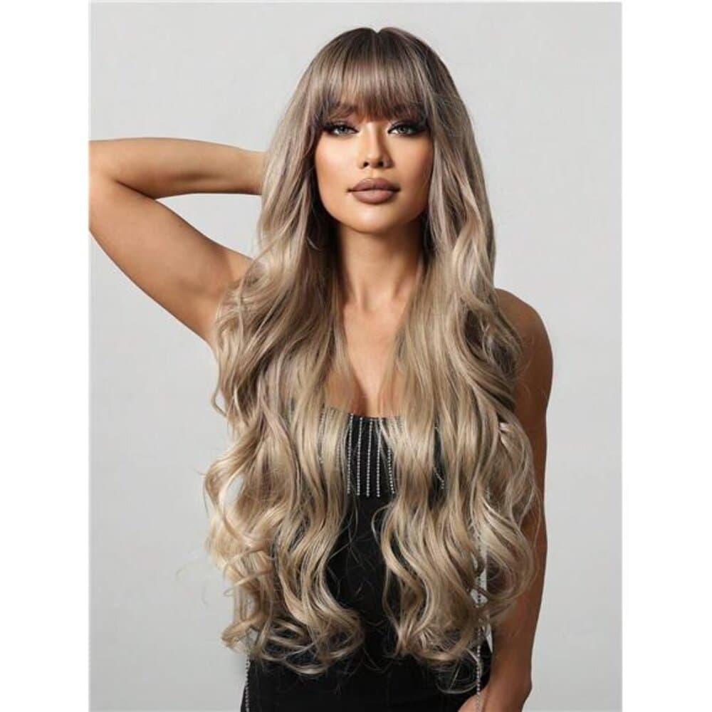 Long Curly Wig With Bang Brown Fashionable And Beautiful Wavy