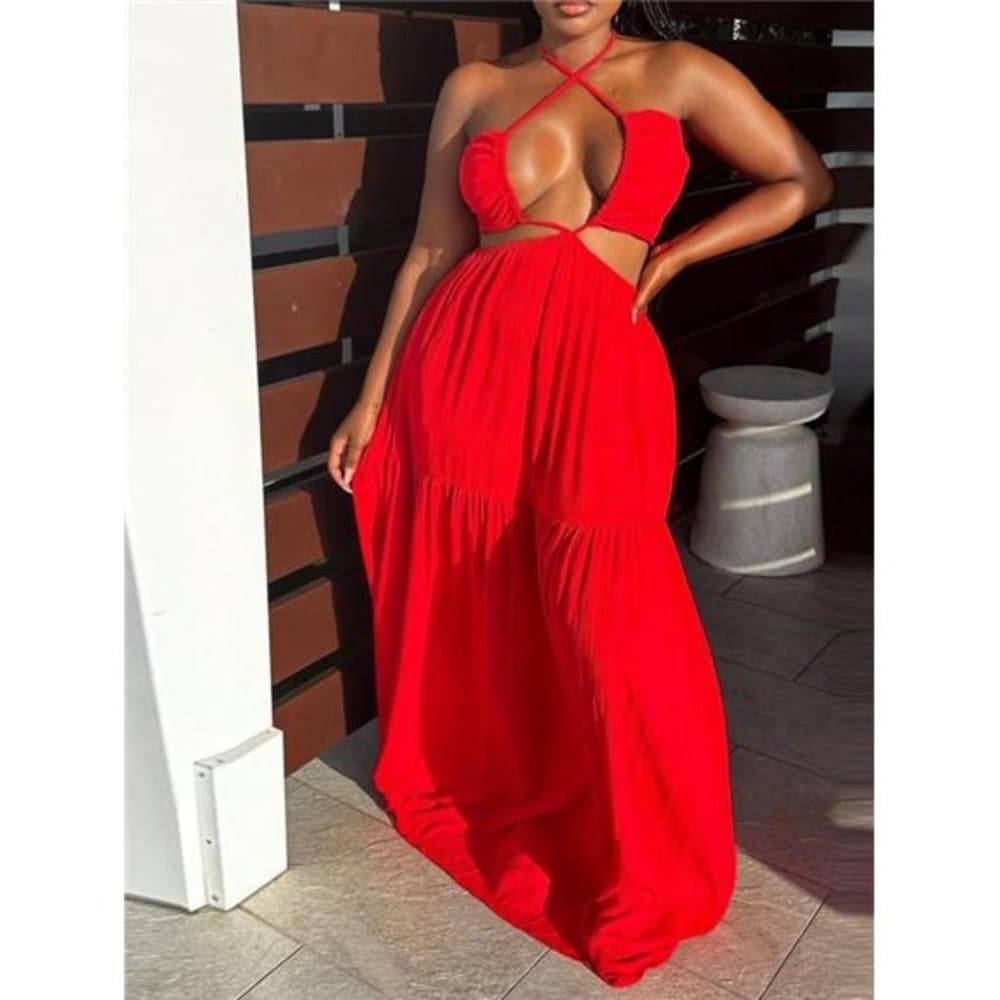 Red Beauty Slayr Halter Neck Backless Vacation Dress
