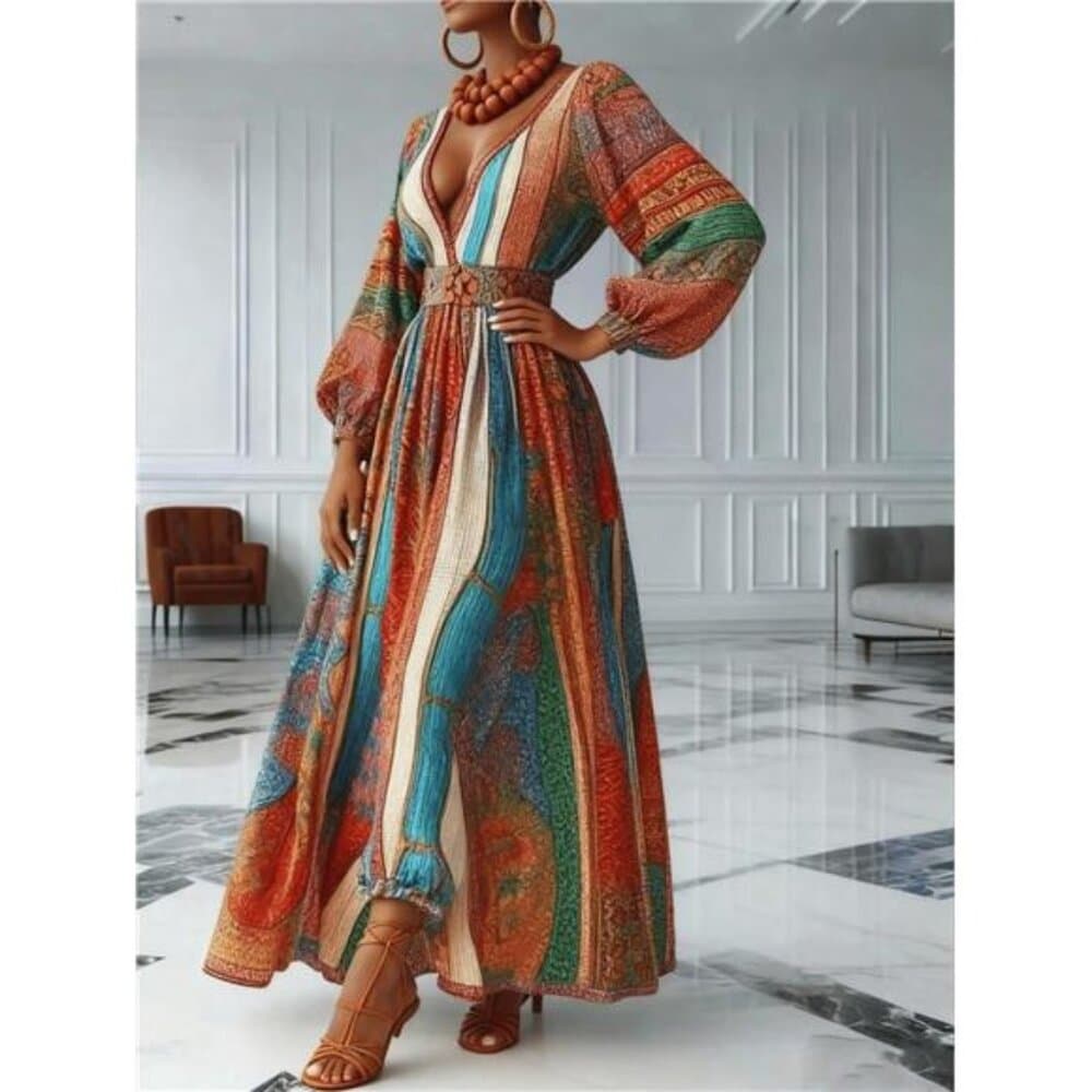HERTALK "Bohemian Maxi Dress: Colorful Patchwork Print, Deep V-Neck & Puff
