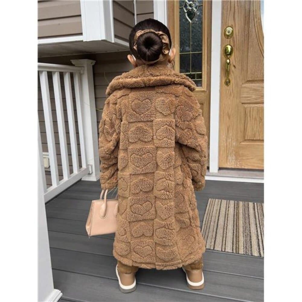 Girls' Solid Color Casual Coral Heart Fleece Mid-Length Turndown Collar Long