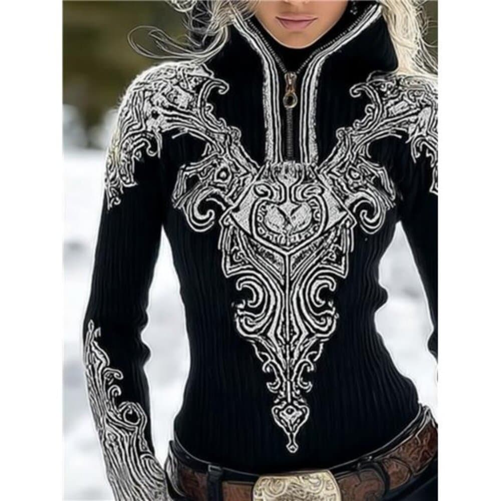 Women'S Elegant Retro Hooded Zip-Up Cardigan | Viking Bohemian Print, Warmth