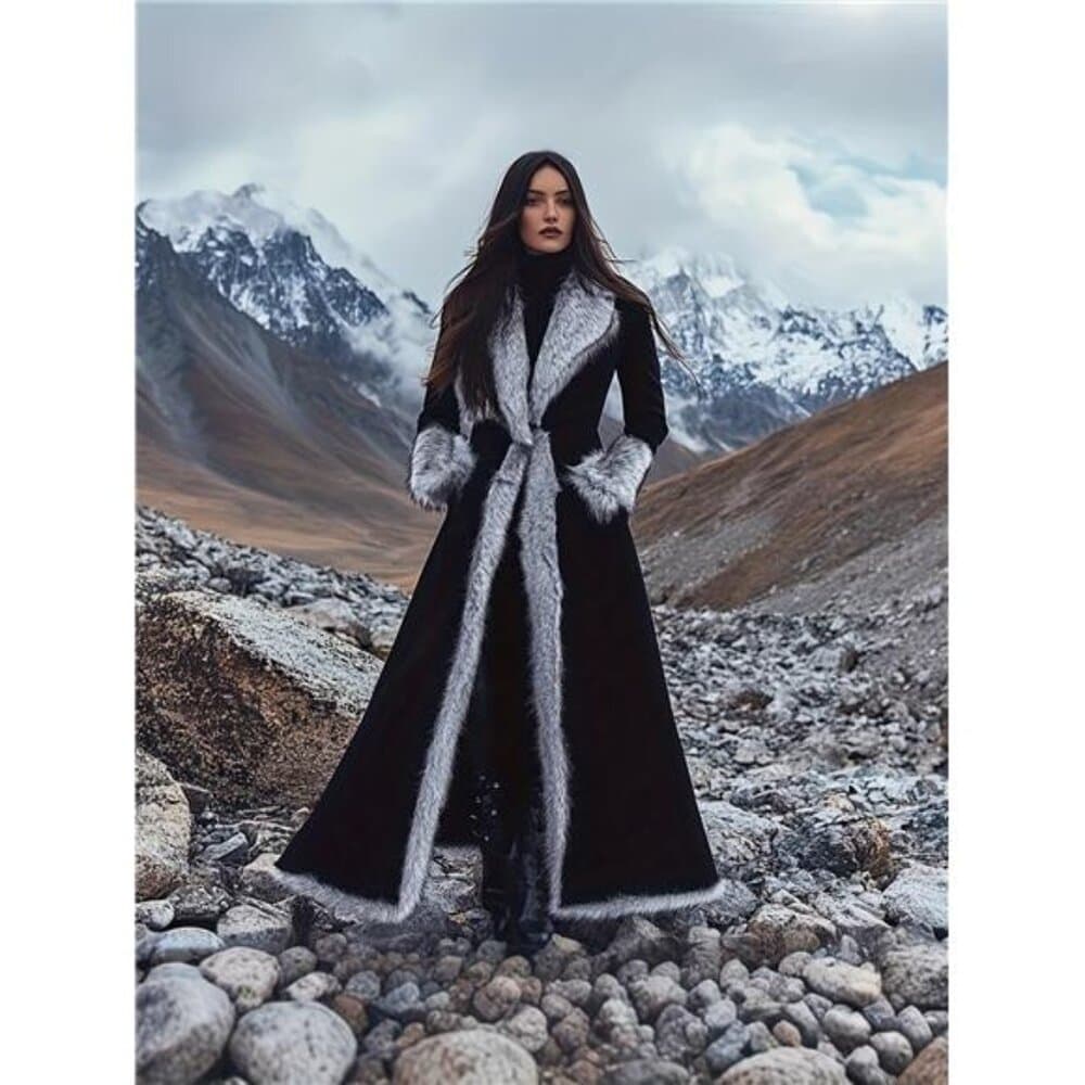 Fall Winter New Black Longline Faux Fur Trim Coat Women Notch Lapel Silvery