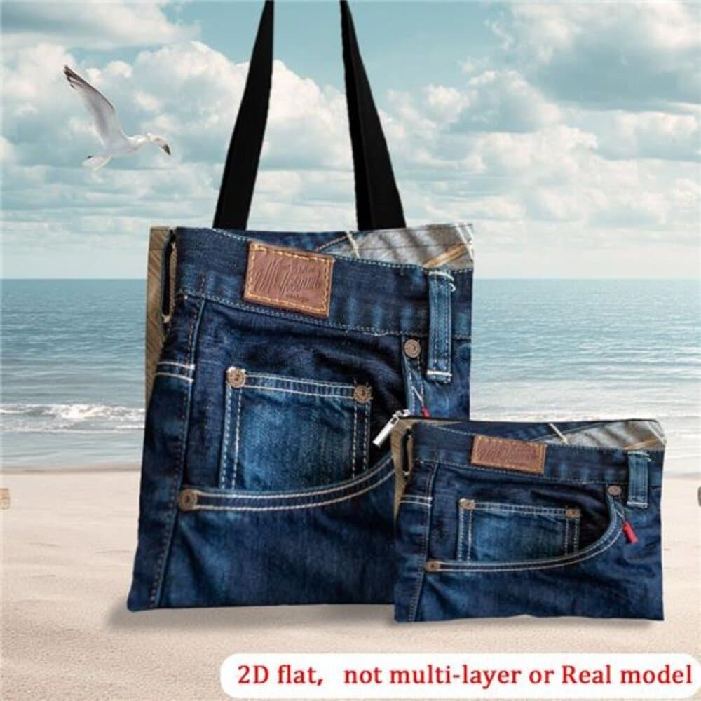 2D Flat Printing 2pcs Set Of Blue with Label Tote Bag/Beach Bag with Makeup Bag