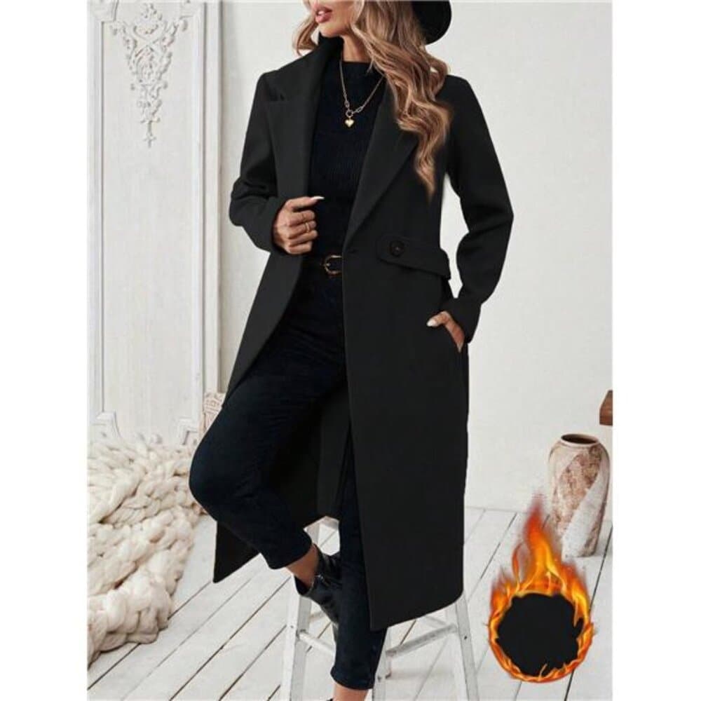 Flat Collar Solid Color Pocket With Belt Long Sleeve Autumn/Winter Coat