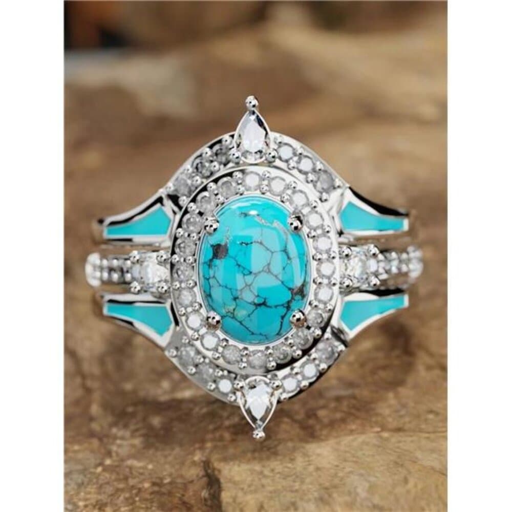 3pcs/Set Elegant Women Cubic Zirconia Ring Set With Turquoise Accents, Retro