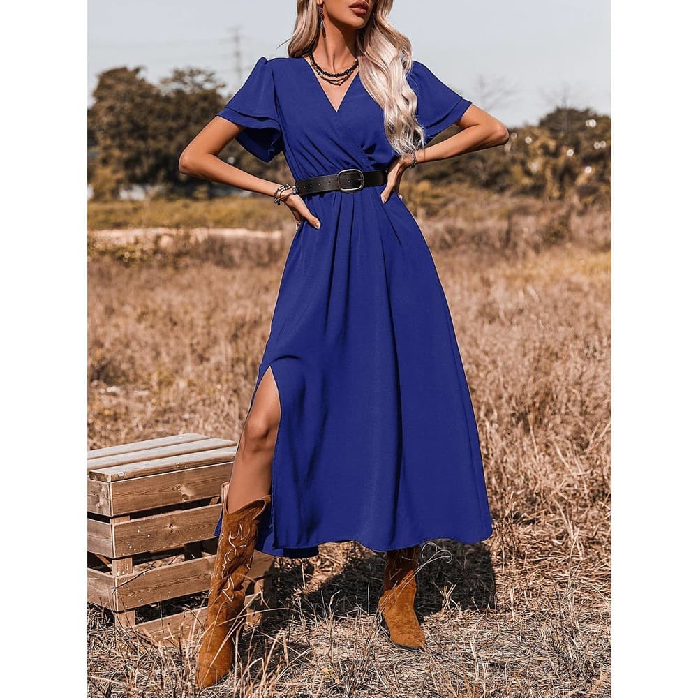 SHEIN X Stagecoach Surplice Front Split Thigh A-line Dress Without Belt