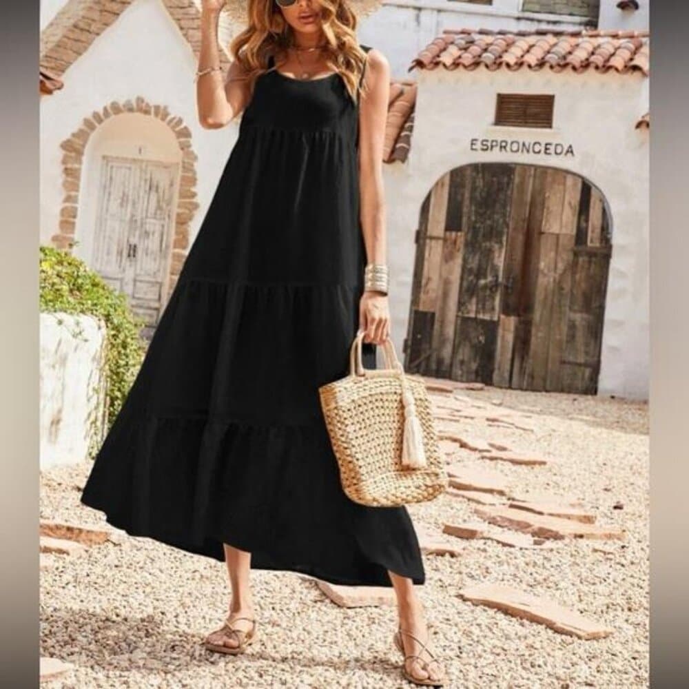 Black flounce hem smock maxi dress