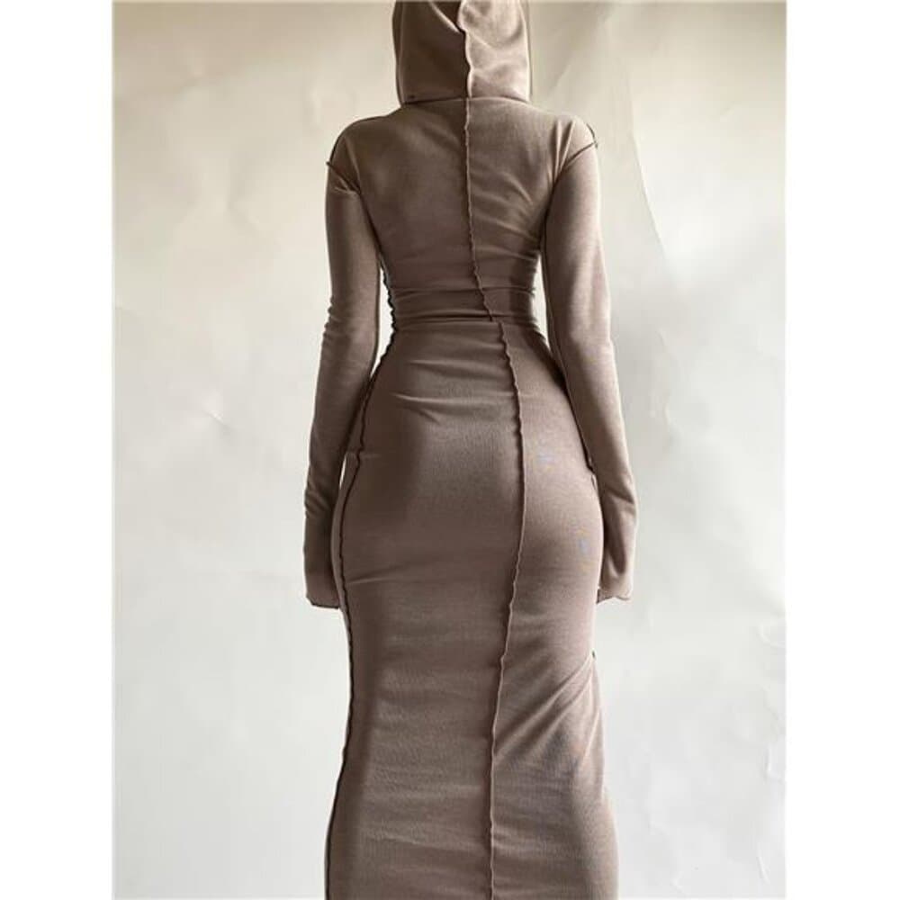 Chic Hooded Maxi Dress - Comfortable Long Sleeves & Stylish Stitch Detail