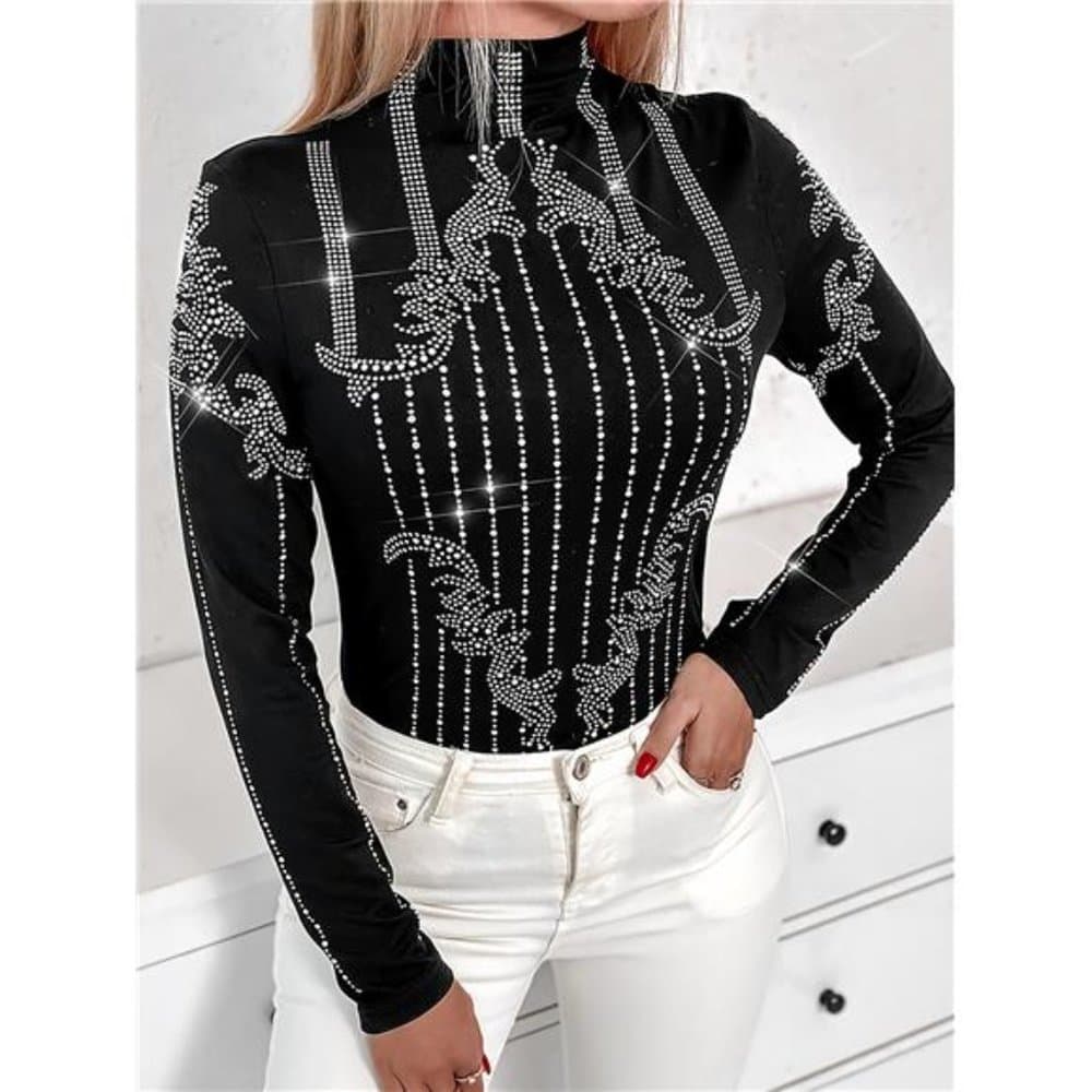 Elegant Women's Rhinestone High Neck Top - Casual Spring/Fall Knitwear